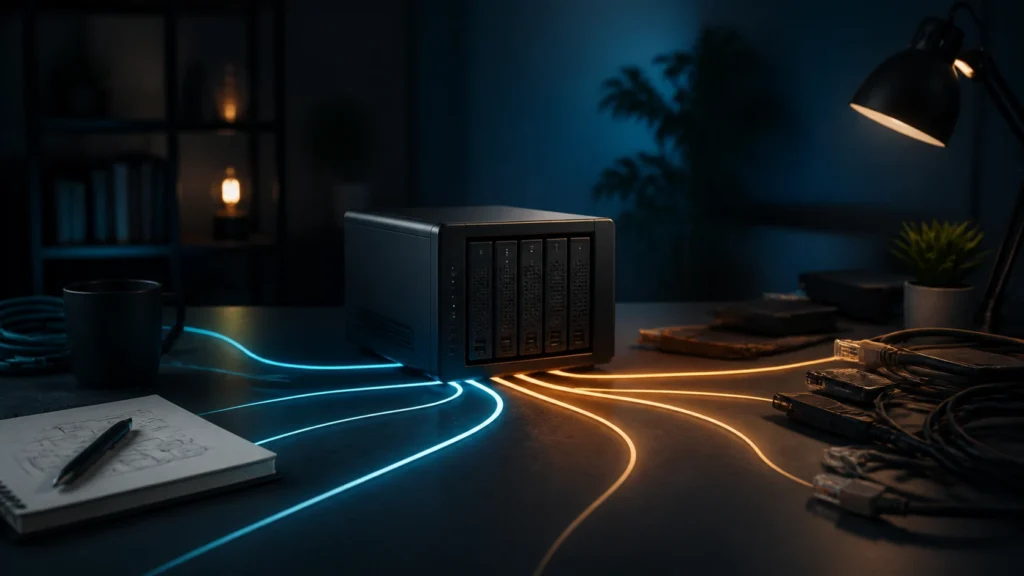 A dark editorial homelab scene showing a small server and a few branching paths that suggest early infrastructure choices.