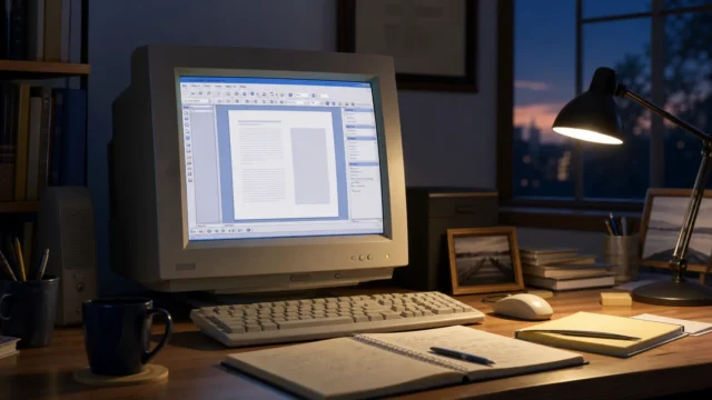 An early-2000s desktop workspace with a CRT monitor and a classic productivity-software atmosphere, evoking the mature interface era of Office 2003.