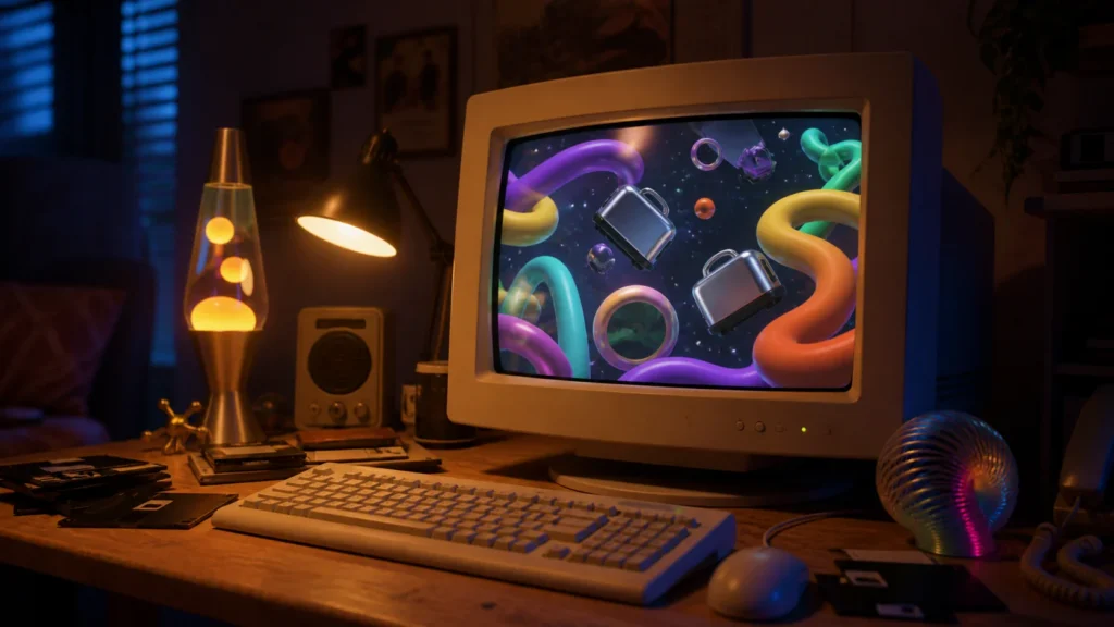 A nostalgic CRT computer displaying playful toaster-like shapes and colorful pipe-like forms in a dreamy screensaver scene.
