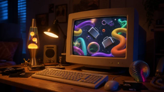 A nostalgic CRT computer displaying playful toaster-like shapes and colorful pipe-like forms in a dreamy screensaver scene.