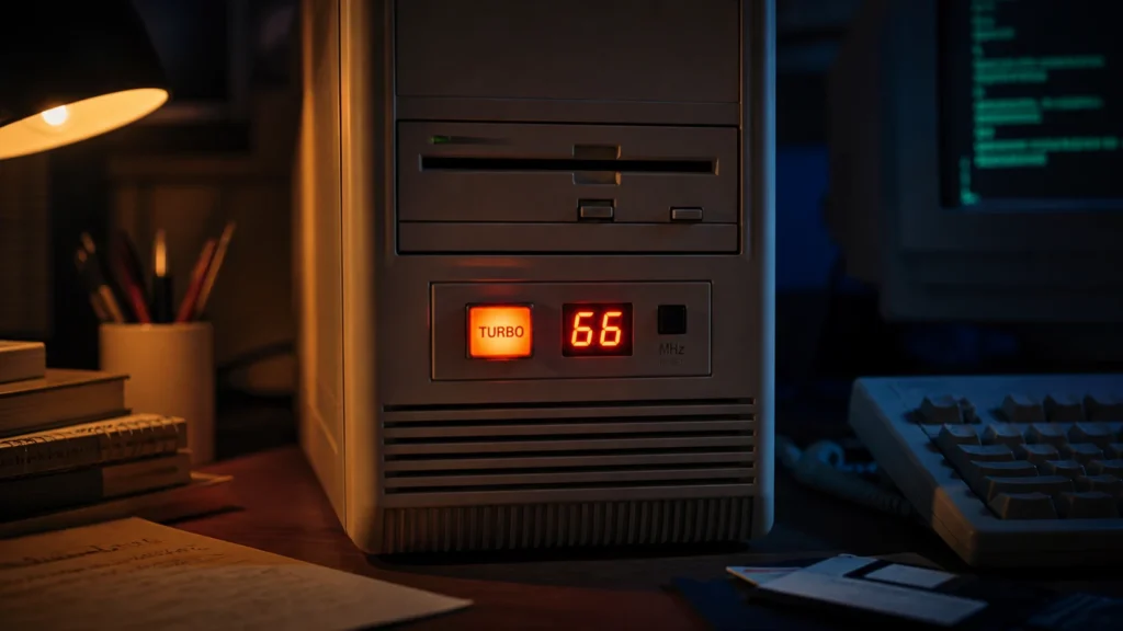 A nostalgic close view of a beige retro PC case with a glowing turbo button and two-digit speed display.