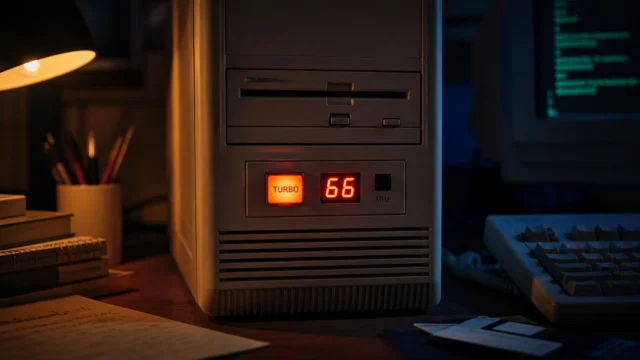 A nostalgic close view of a beige retro PC case with a glowing turbo button and two-digit speed display.