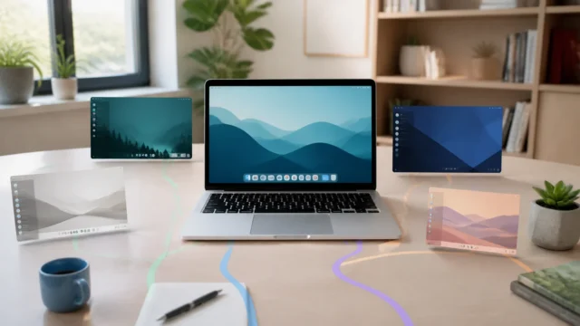 A bright editorial desk scene suggesting several possible first Linux desktop paths for a beginner.