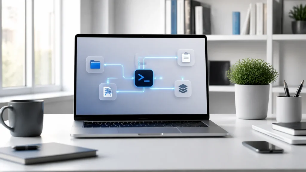 A bright editorial Mac workspace showing an abstract Terminal environment connected to files, apps, clipboard, and command-line fluency.