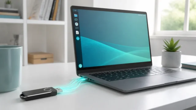 A bright editorial desk scene showing a computer booting Linux from a USB stick for a safe live session.
