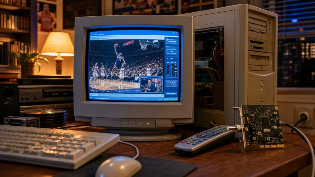 A late-1990s desktop PC with a CRT monitor showing live television in a desktop window beside tuner-card-era accessories.