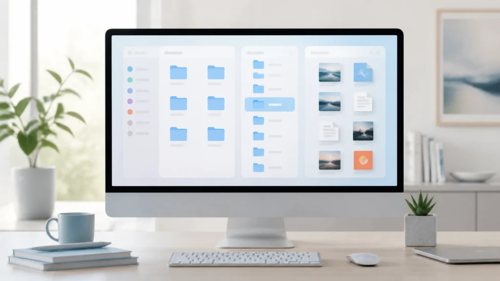 A bright editorial Mac workspace showing Finder-style file organization with folders, tags, and clean arrangement.