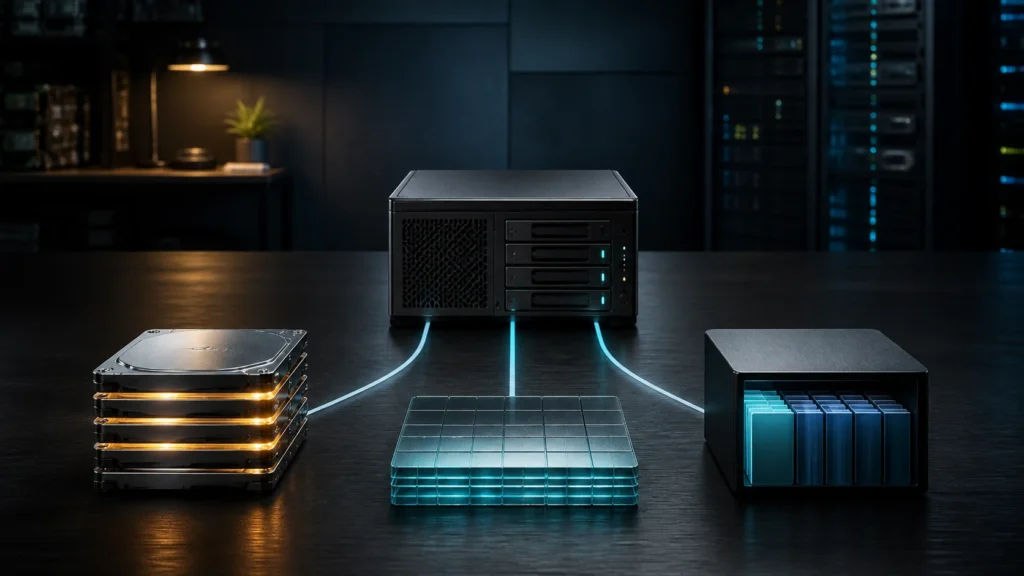 A dark editorial homelab scene showing one virtualization host branching into three different storage models.