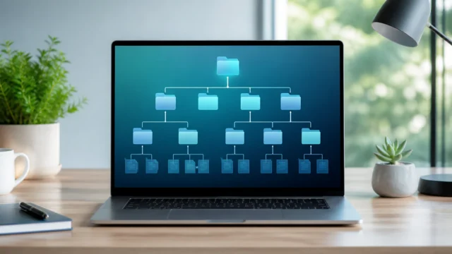 A bright editorial desk scene showing a Linux computer with a clean abstract folder tree branching from one root.