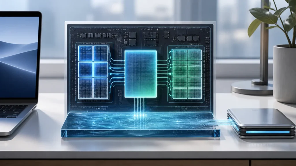 A bright editorial Mac workspace showing a shared memory pool around an Apple-silicon-style chip with a subtle secondary swap path.