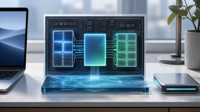 A bright editorial Mac workspace showing a shared memory pool around an Apple-silicon-style chip with a subtle secondary swap path.