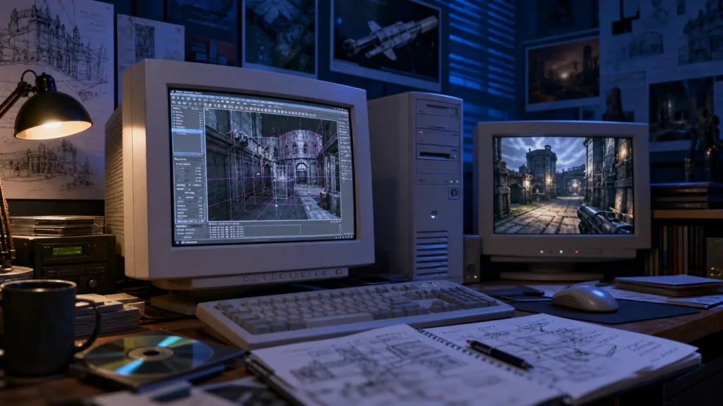 A cinematic early-2000s game development workspace with a 3D level editor and multiple game worlds powered by shared engine technology.