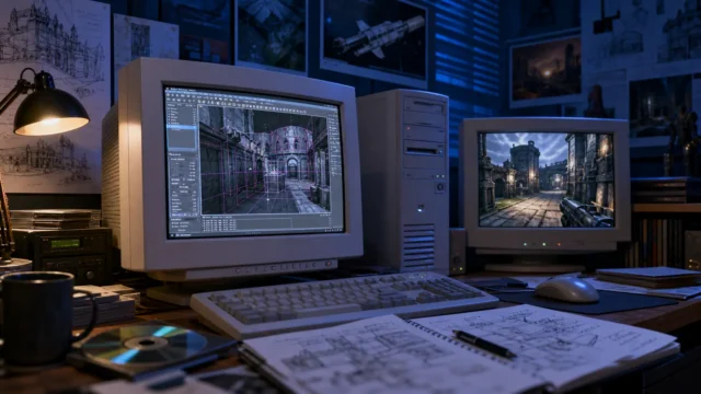A cinematic early-2000s game development workspace with a 3D level editor and multiple game worlds powered by shared engine technology.