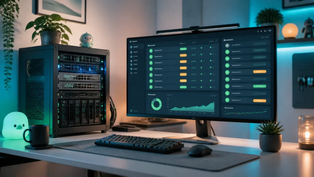 A bright editorial homelab scene with a compact server and a polished service-status dashboard.