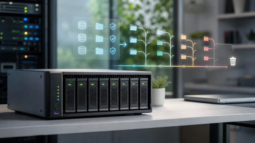 A bright editorial backup scene showing a datastore being verified while older backup branches are cleanly pruned.