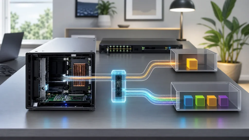 A bright editorial virtualization scene showing one tagged VLAN path and one multi-VLAN trunk flowing from a host into guests.