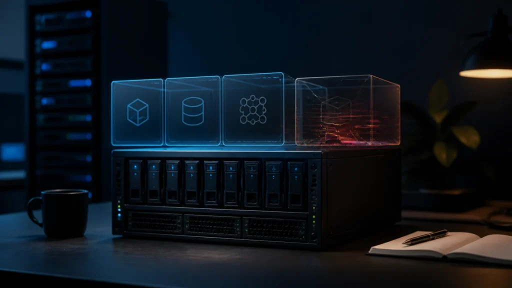 A dark editorial homelab scene showing a stable host and one partially broken container environment.