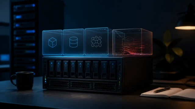 A dark editorial homelab scene showing a stable host and one partially broken container environment.