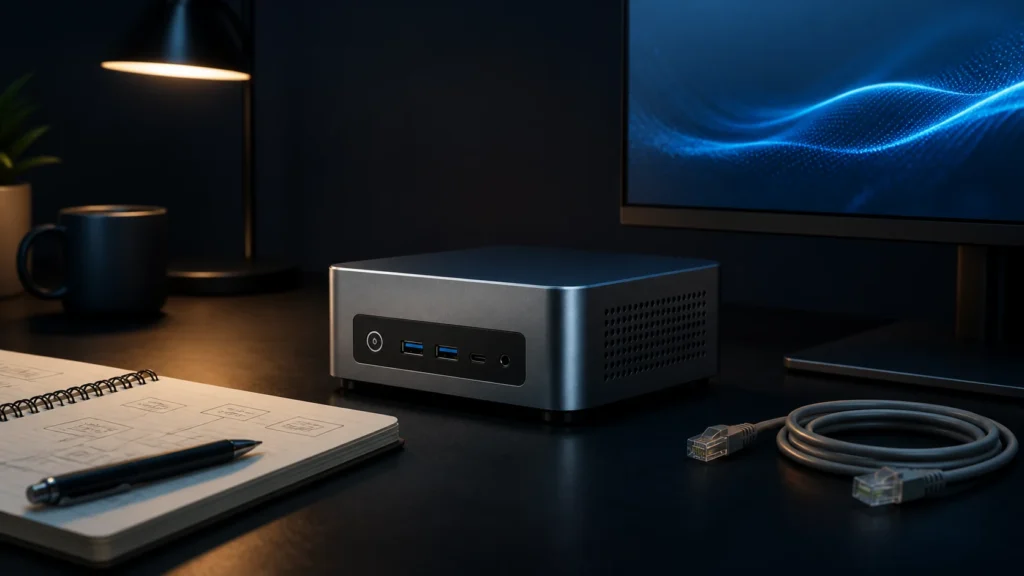 A compact mini PC on a dark desk beside networking gear and a monitor with a soft virtualization glow.
