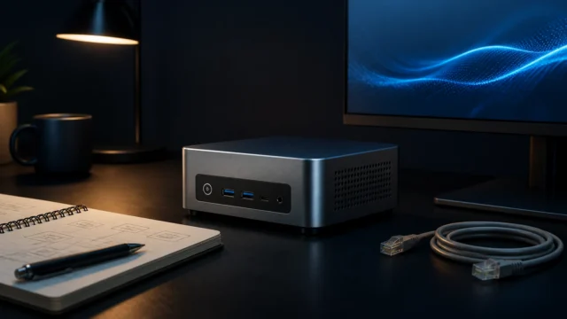 A compact mini PC on a dark desk beside networking gear and a monitor with a soft virtualization glow.