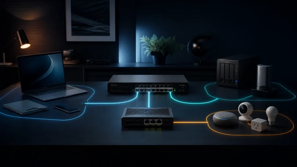 A dark editorial home-network scene showing a managed switch and firewall separating several network zones.