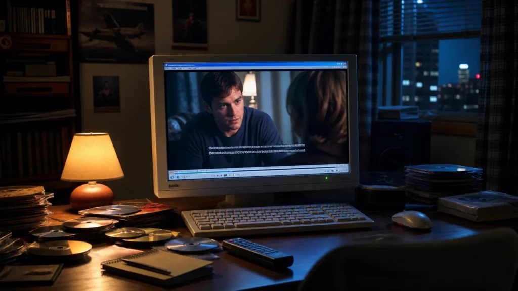 A cozy mid-2000s PC movie setup with a film scene and clear subtitle lines on the monitor.