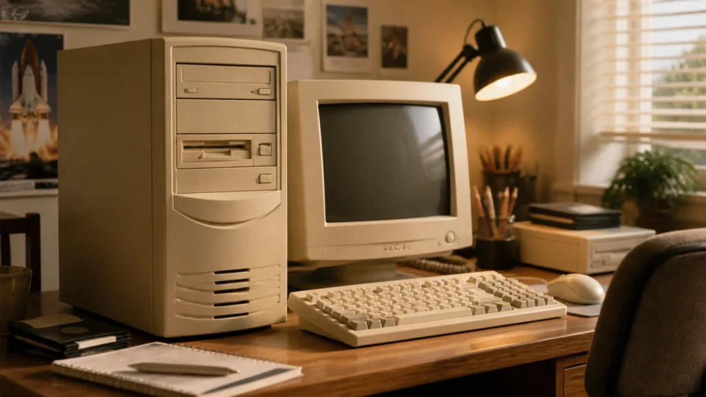 A classic 1990s beige desktop PC setup with tower, CRT monitor, keyboard, and matching peripherals on a desk.