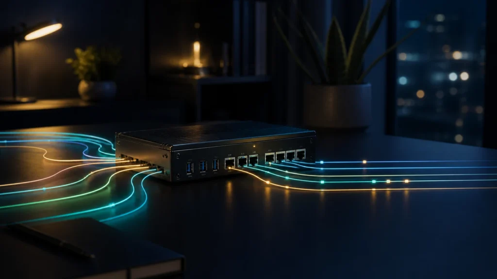 A dark editorial home-network scene showing one central firewall appliance bringing order to several segmented network paths.