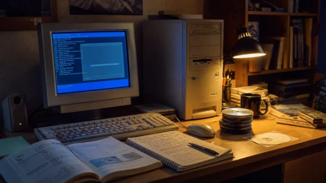 An early-2000s PC desk with discs, notes, and a Linux-like installer glow on the screen.