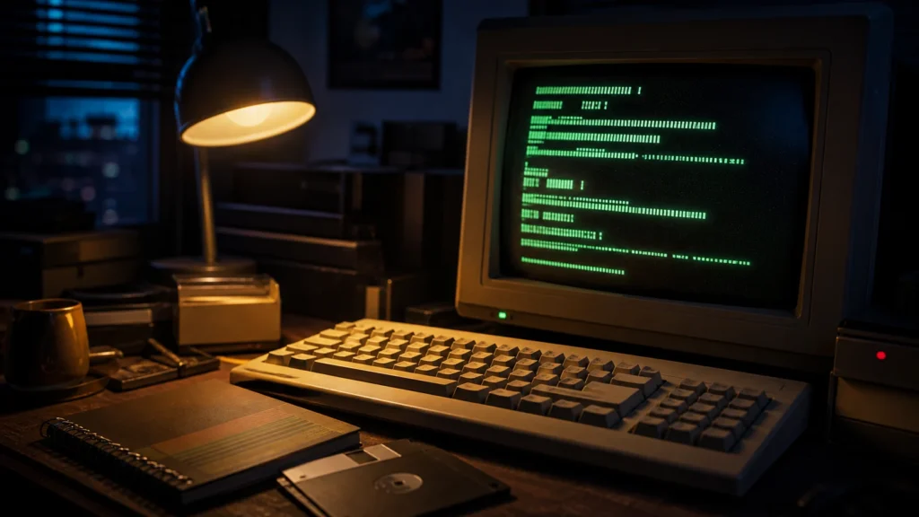 A nostalgic late-night DOS desk scene with a CRT monitor, beige keyboard, and notebook suggesting handwritten command ideas.