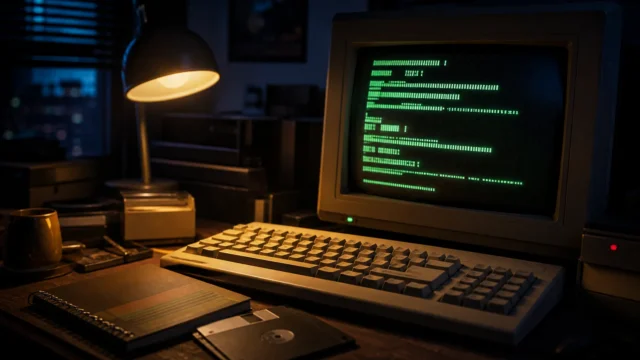 A nostalgic late-night DOS desk scene with a CRT monitor, beige keyboard, and notebook suggesting handwritten command ideas.