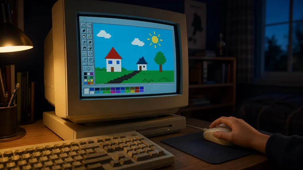 A child using a beige mouse to draw a colorful pixel landscape on a 1990s CRT computer.
