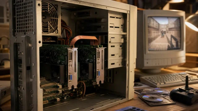 Two late-1990s graphics cards linked together inside an open gaming PC beside a CRT setup.