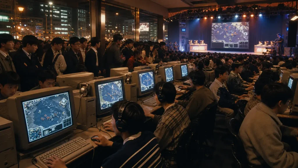 A nostalgic Korean PC bang and esports-broadcast scene suggesting the rise of Brood War as a national gaming phenomenon.
