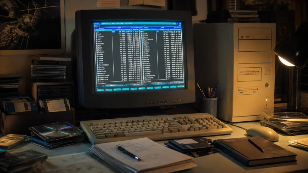 A nostalgic desk setup with an old PC showing a dual-pane file manager interface and scattered retro tech accessories.
