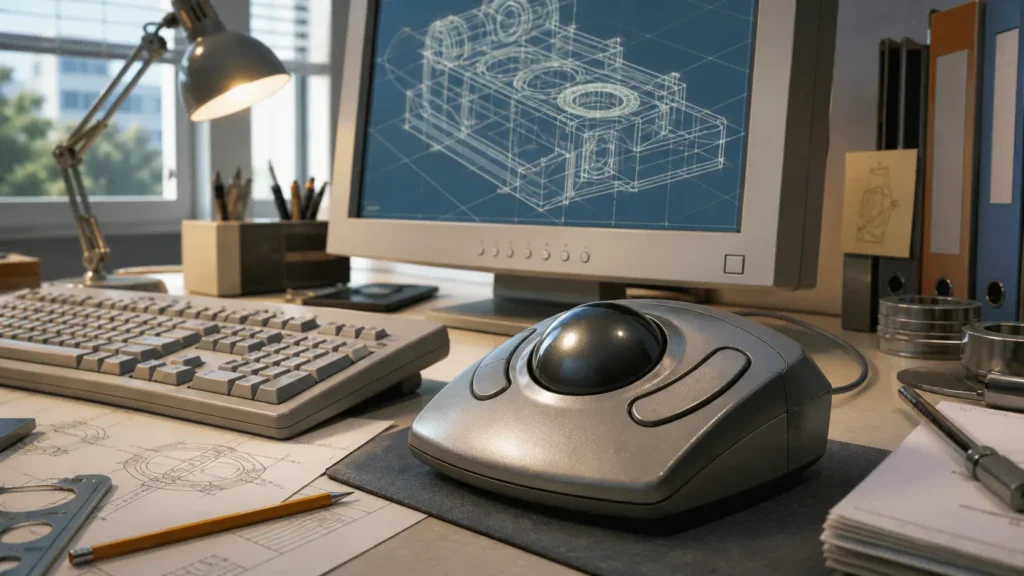 A late-1990s engineering workstation with a large trackball beside a keyboard and a monitor showing a generic wireframe model.
