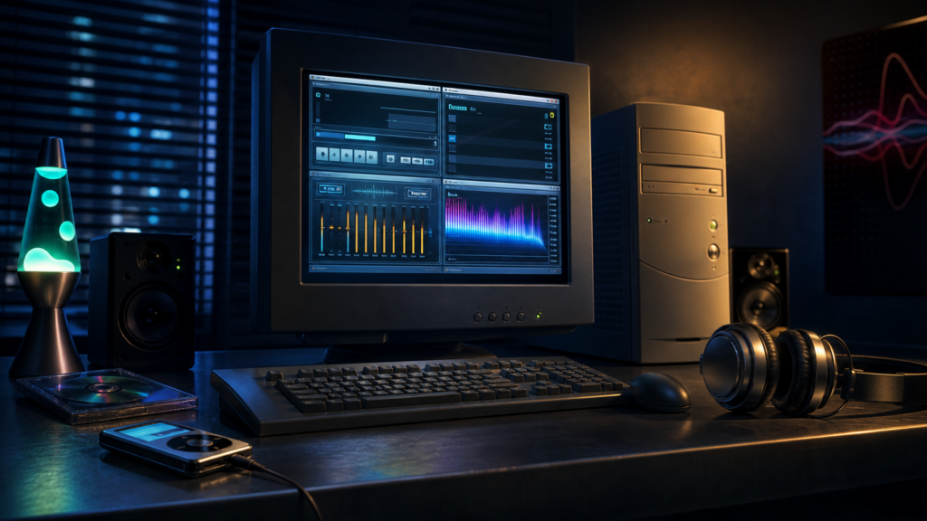 Dark nostalgic editorial image of an early-2000s PC audio setup with a glowing media player atmosphere.