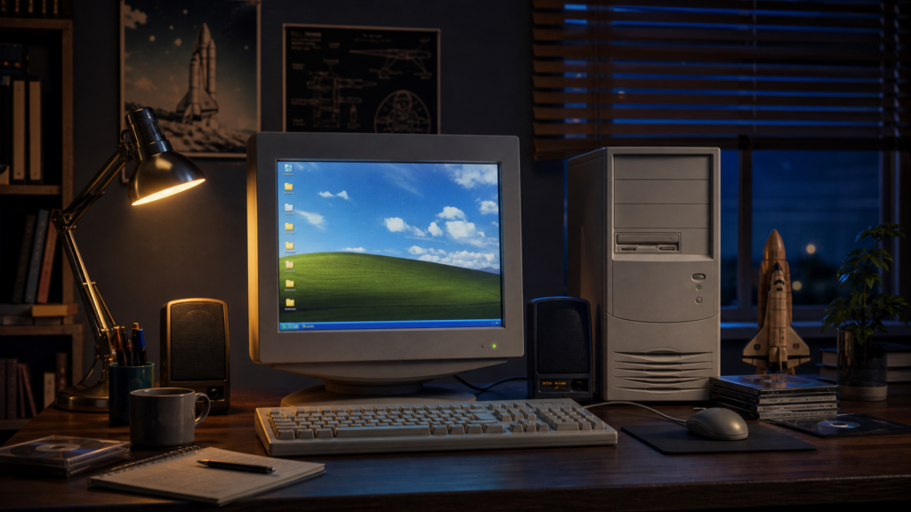 Dark nostalgic editorial image of an early-2000s desktop PC glowing with a personal computing atmosphere.