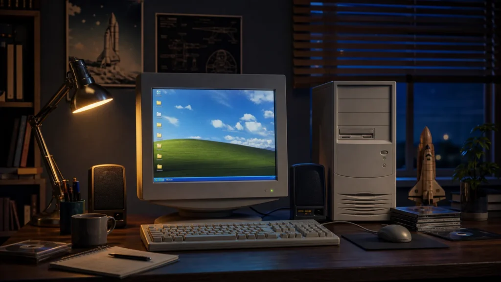 Dark nostalgic editorial image of an early-2000s desktop PC glowing with a personal computing atmosphere.