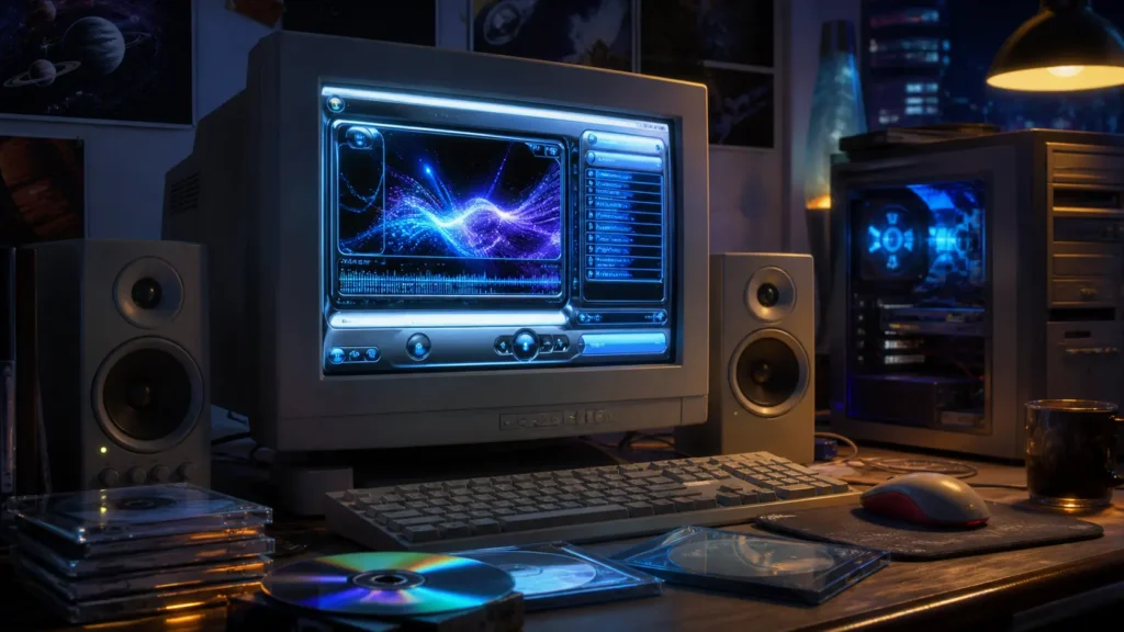 An early-2000s desktop PC setup with CDs and glowing abstract music visualizations, evoking the personal digital music mood of Windows Media Player 9.