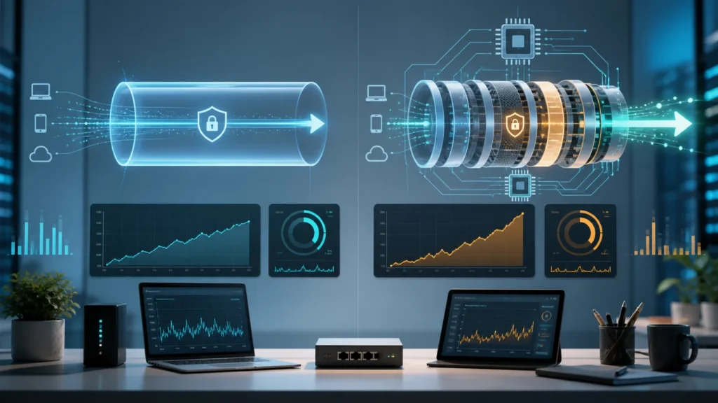 A modern network performance scene showing two abstract VPN tunnels, CPU activity, and speed comparisons.