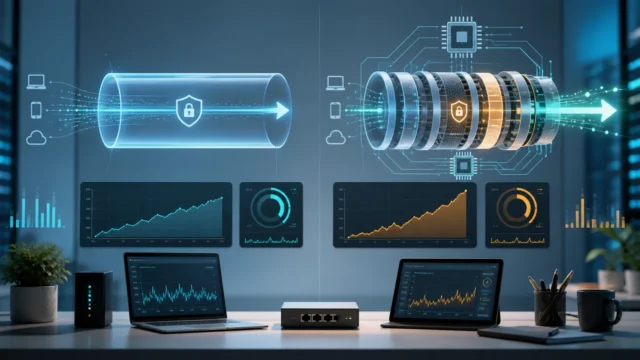 A modern network performance scene showing two abstract VPN tunnels, CPU activity, and speed comparisons.