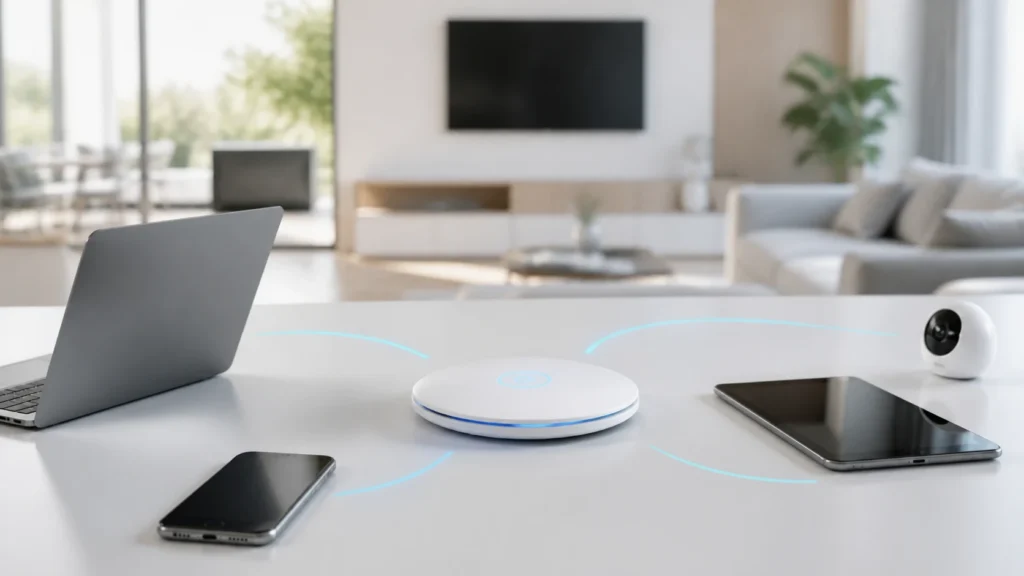 A bright editorial Wi-Fi scene showing one access point serving several devices with subtle separation between the clients.