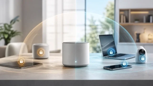 A bright editorial Wi-Fi security scene showing a modern router transitioning from an older wireless protection layer to a newer, stronger one.