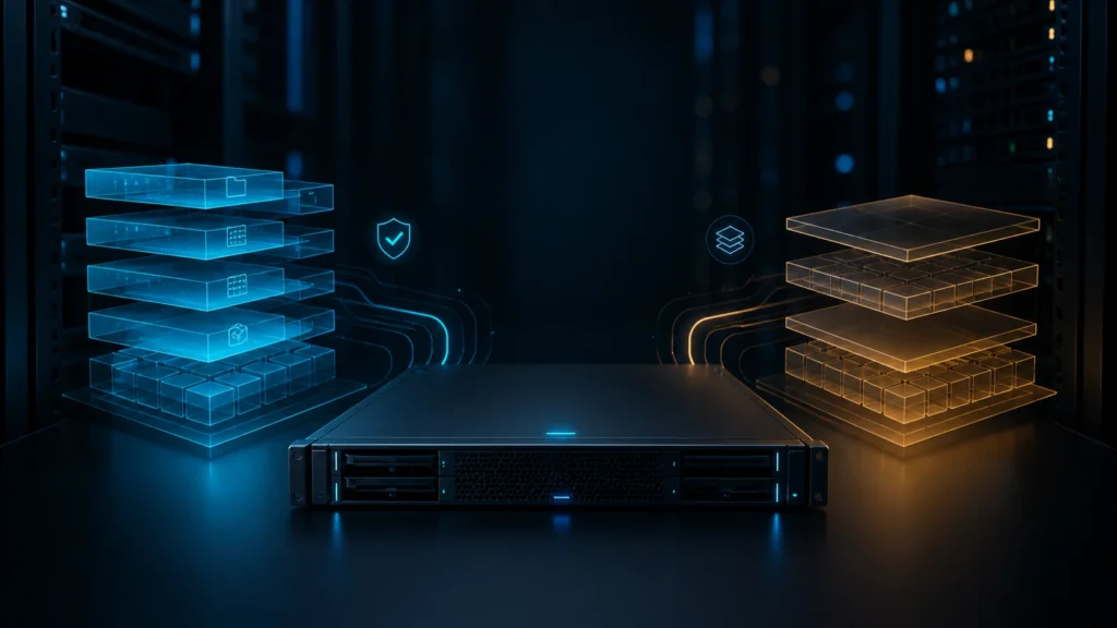A dark editorial homelab scene showing one Proxmox host splitting into a structured ZFS storage path and an efficient LVM-thin path.