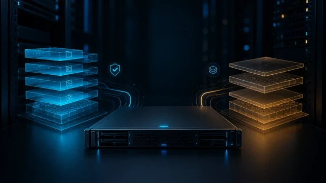 A dark editorial homelab scene showing one Proxmox host splitting into a structured ZFS storage path and an efficient LVM-thin path.